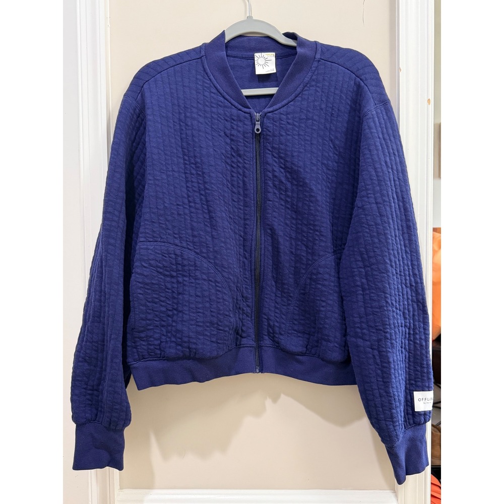 OFFLINE by Aerie Women Navy Blue Quilted Full Zip Bomber Jacket Large L